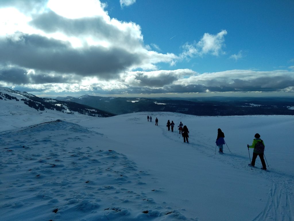 Groupe évoluant avec un accompagnateur en montagne dans le massif du Jura